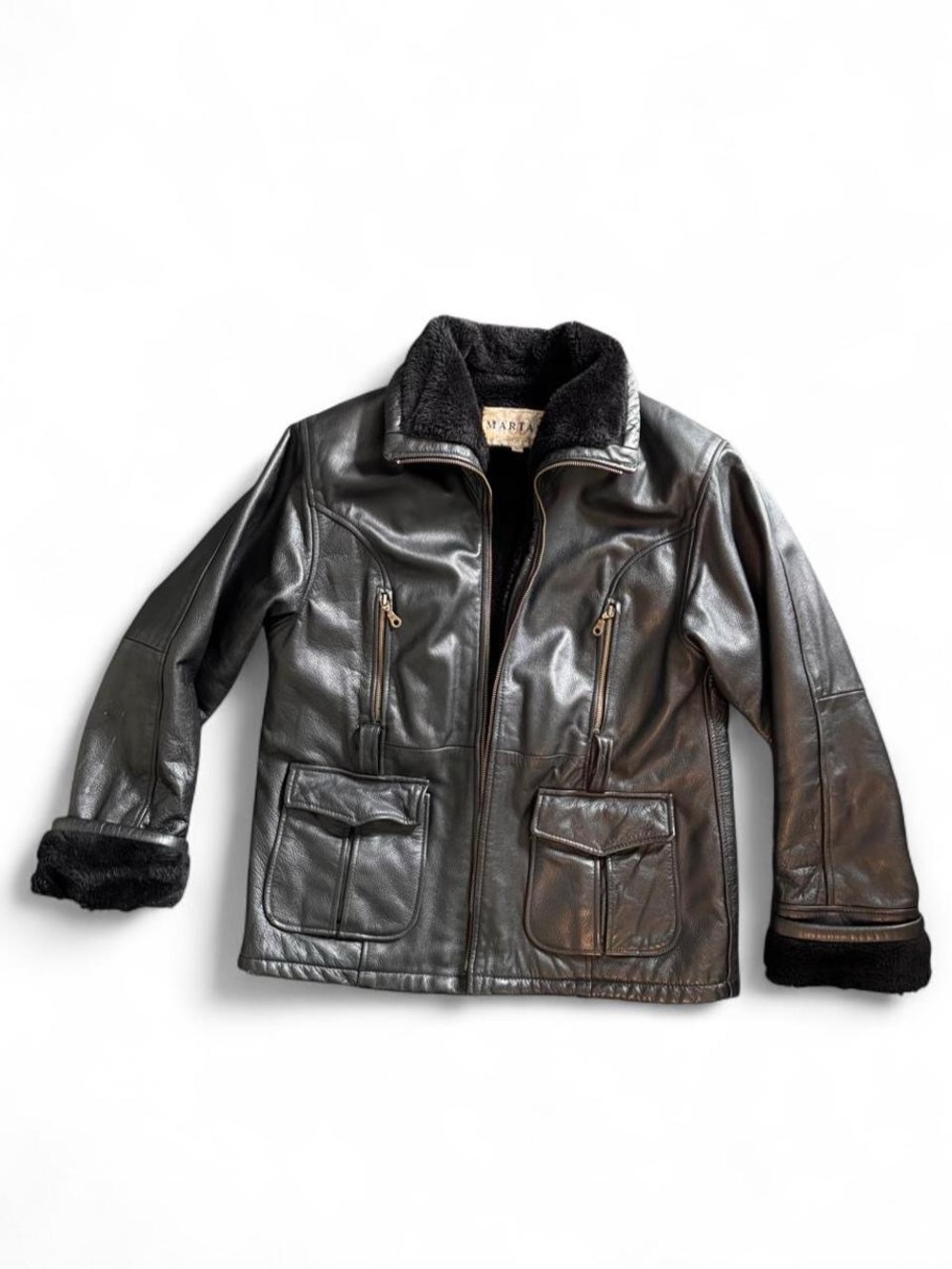 VTG 90s Genuine Leather Coat Martani Heavy Black Jacket Faux Fur Size Lg USA